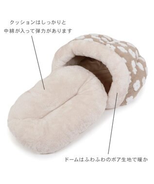 PET PARADISE ペットパラダイス 遠赤外線 ボア ドーム型寝袋 《お花柄》 小型犬 ベージュ