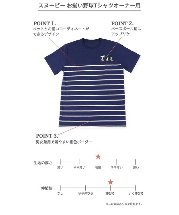 PET PARADISE お揃い Ｔシャツ オーナー用 スヌーピー 野球柄 ユニセックス ネイビー