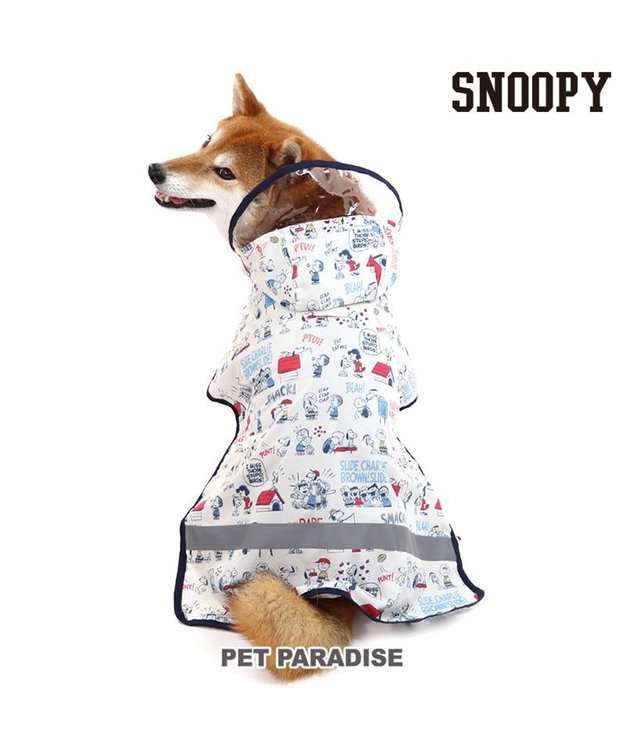 PET PARADISE スヌーピー 簡易レインコート 透明フード付き 《アメリカンビンテージ柄》 中型犬 大型犬 白～オフホワイト