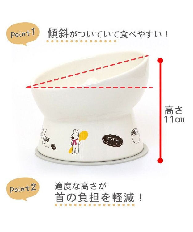 PET PARADISE リサとガスパール 高さのある フードボウル  カフェ柄 陶器 白~オフホワイト