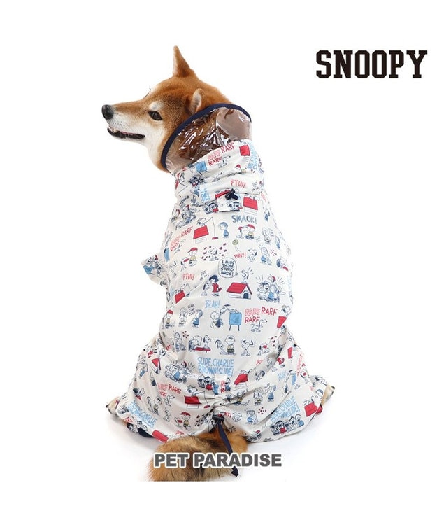 PET PARADISE スヌーピー 足付き透明フード付き レインコート《アメリカンビンテージ柄》中型犬 大型犬 ホワイト