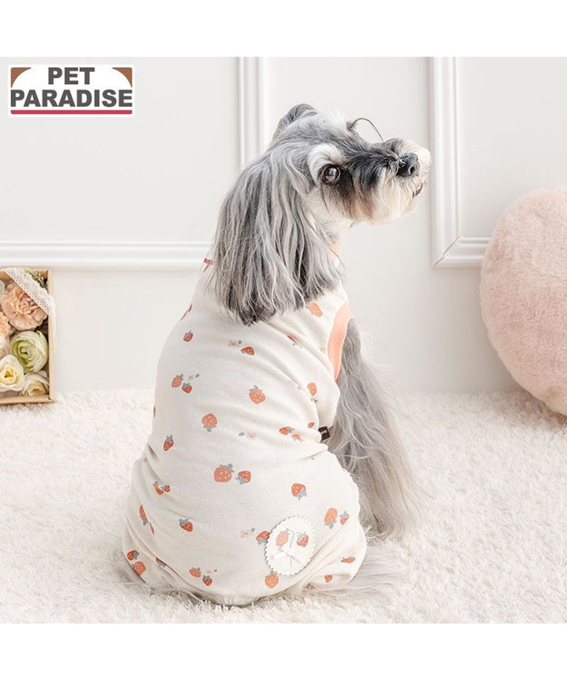PET PARADISE ペットパラダイス やさしい ロンパース 《花苺柄》 小型犬 ホワイト×レッド