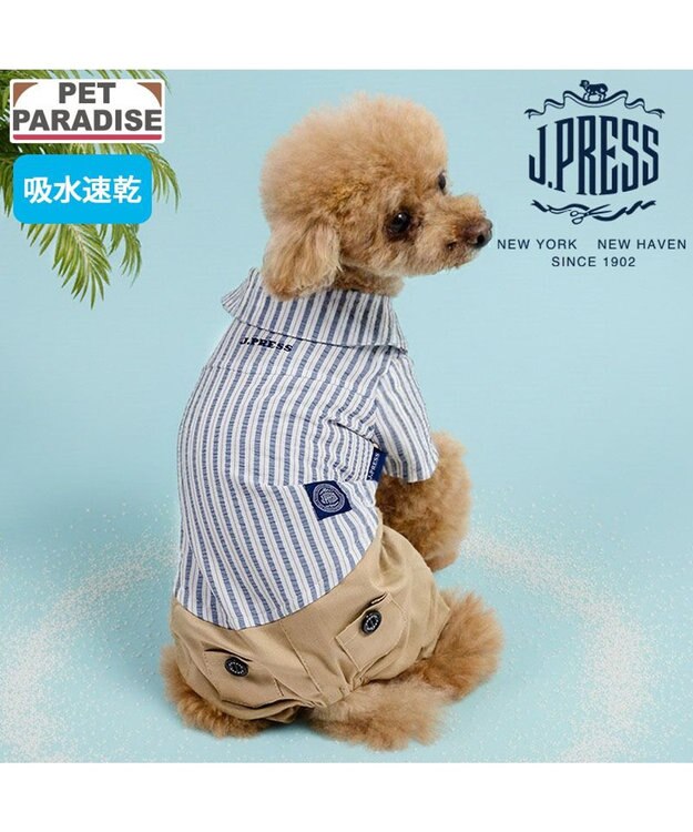PET PARADISE J.PRESS ストライプ パンツつなぎ 小型犬 ベージュ×ネイビー