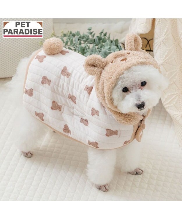 PET PARADISE ペットパラダイス くまちゃん ふわりとキルト ポンチョ 小型犬 ホワイト×ブラウン