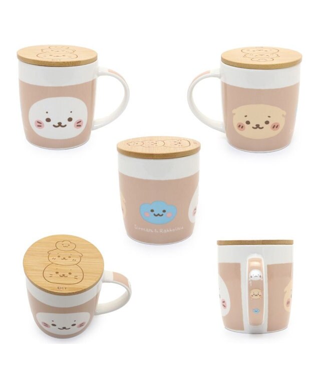 Mother garden しろたん フタ付き マグカップ 390mL 《ベージュ・おともだち柄》 単品 ベージュ・おともだち柄